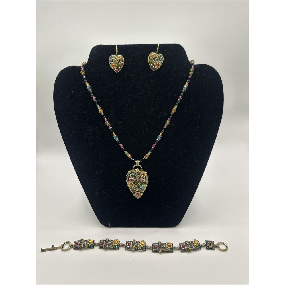 Michal Golan Signed Heart Necklace Earrings Bracelet Set Floral Crystal Vintage